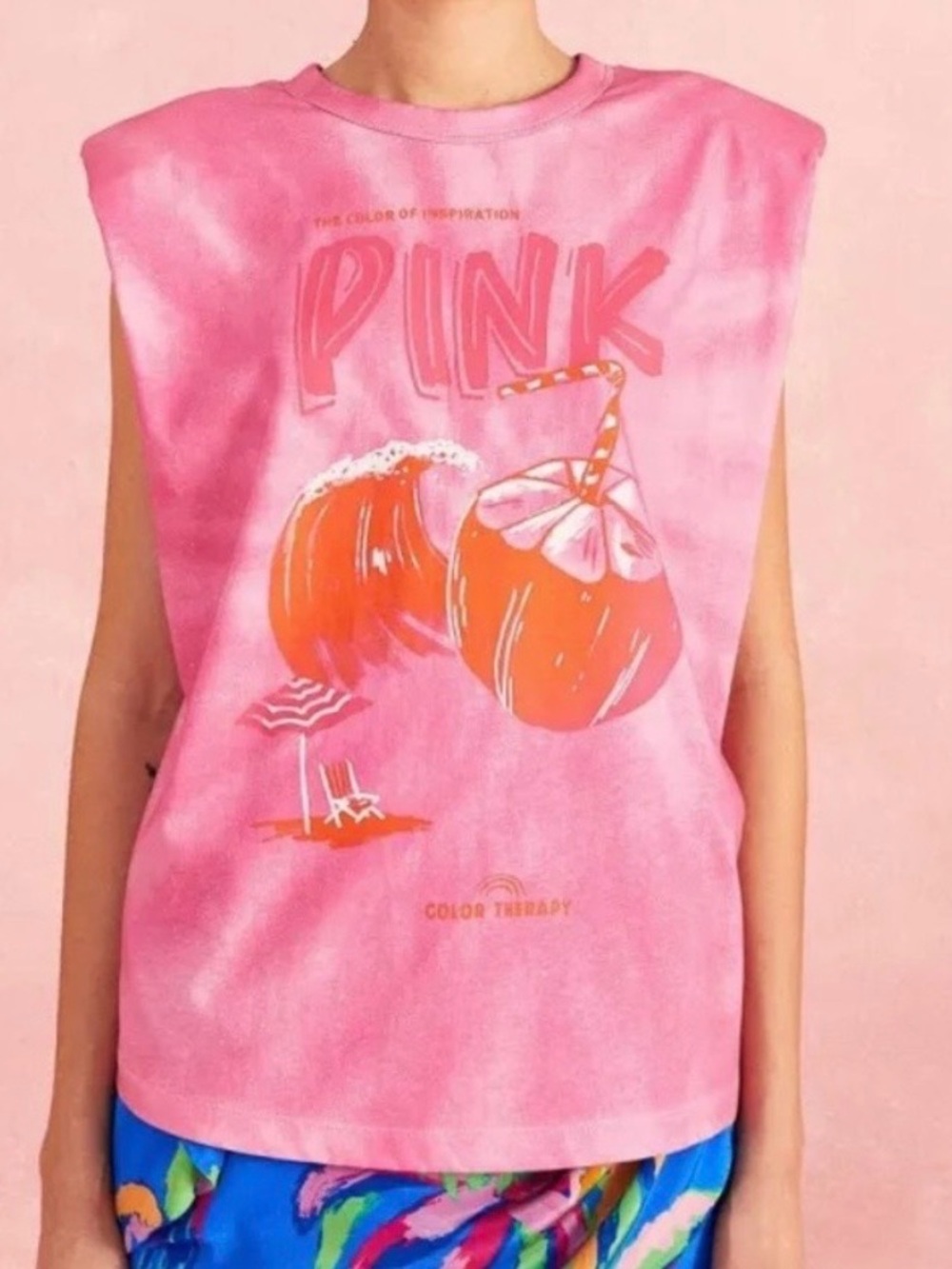 Farm Rio Pink Organic Cotton Tie Dye Coconut Shoulder Pad Slouchy Graphic Tee XS
